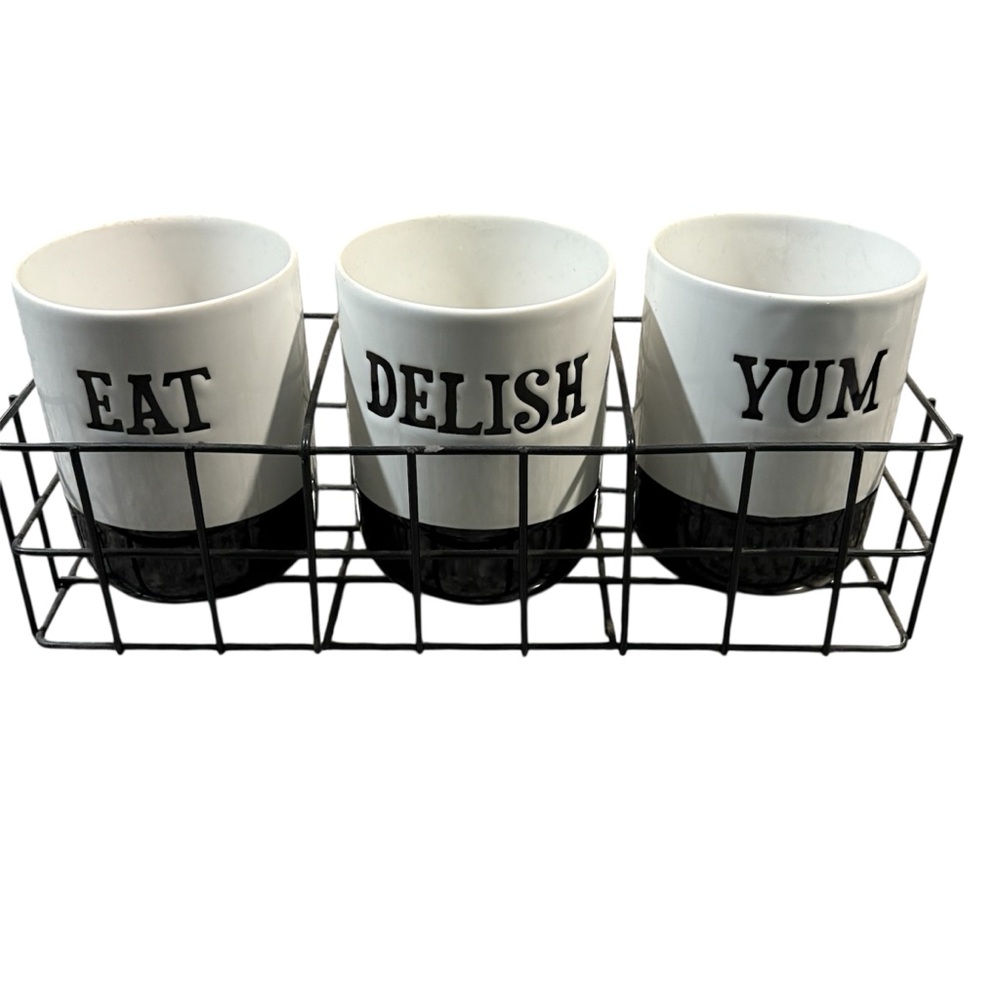 Boston Warehouse 3 pc Ceramic Utensil Holder/Flatware Caddy Set.”EAT,DELISH,YUM”